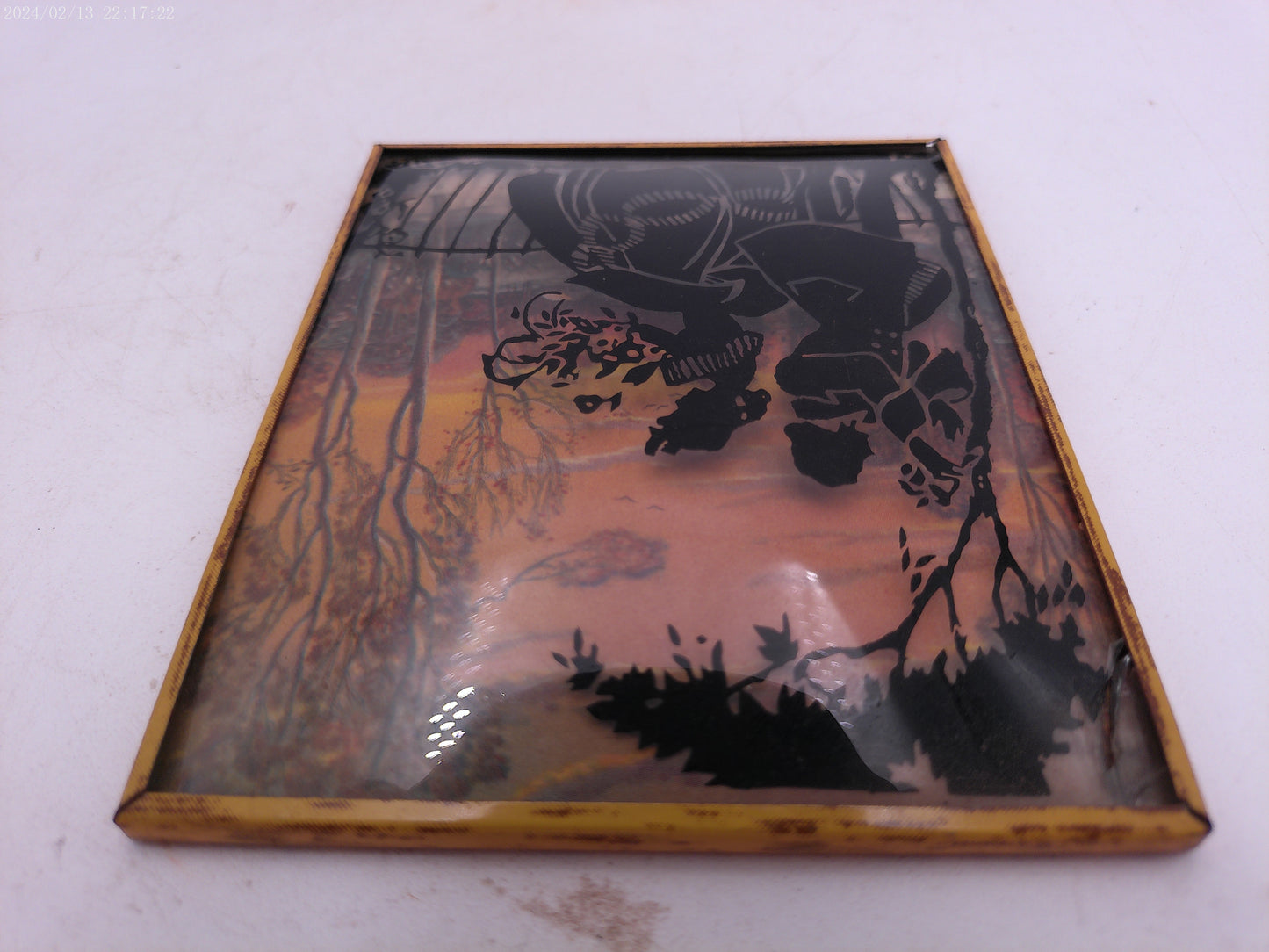 Glass Convex Silhouette Framed Picture Couple Relaxing with Flowers B314