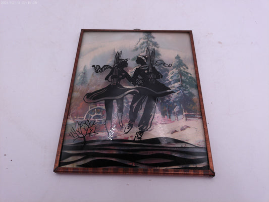 Glass Convex Silhouette Framed Picture Couple ice skating B316