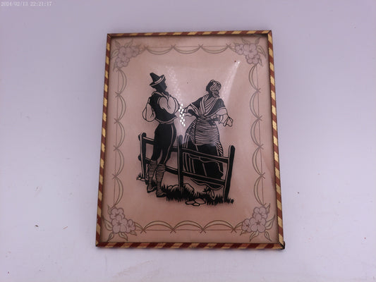 Glass Convex Silhouette Framed Picture Couple Talking by Fence B318