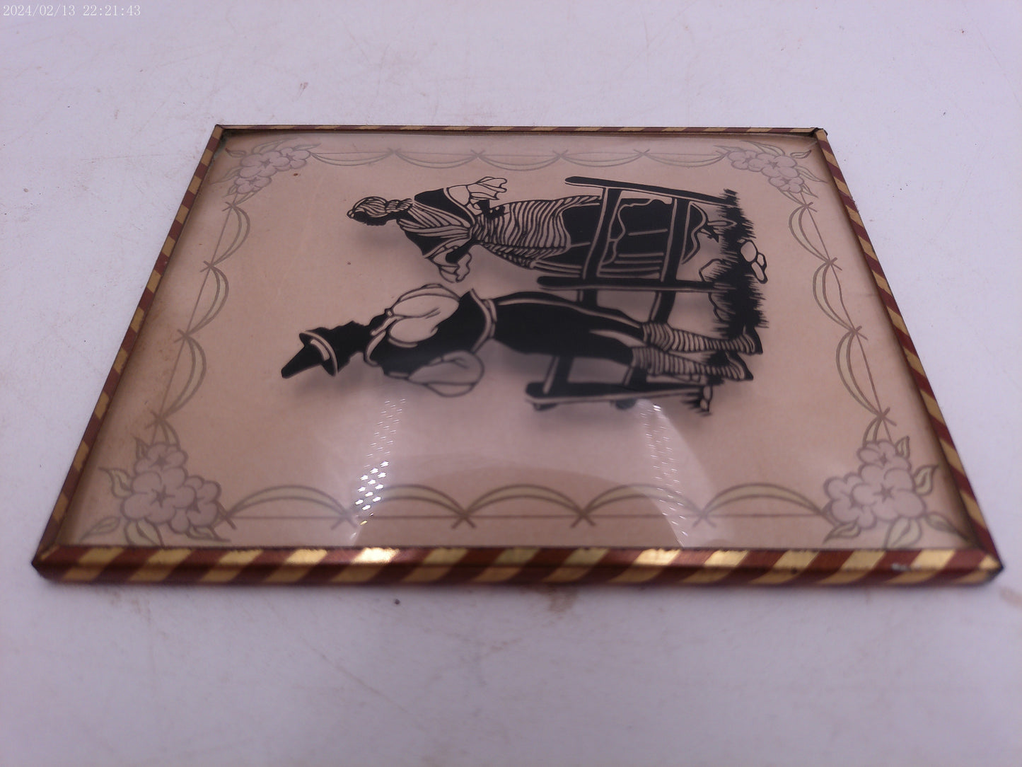Glass Convex Silhouette Framed Picture Couple Talking by Fence B318