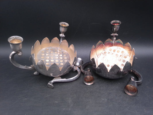 Silver Plate Lotus Candle Holder Flower Vase Centerpiece 3-Arm set of 2 Broken legs