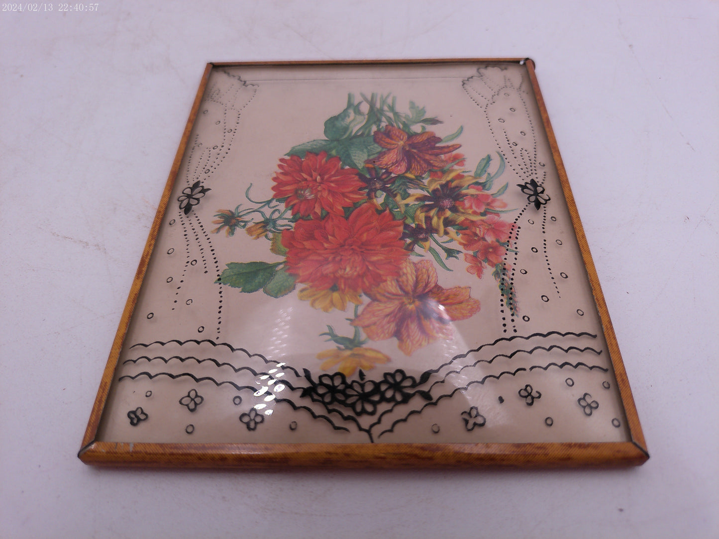 Glass Convex Silhouette Framed Picture Flowers in Window B43