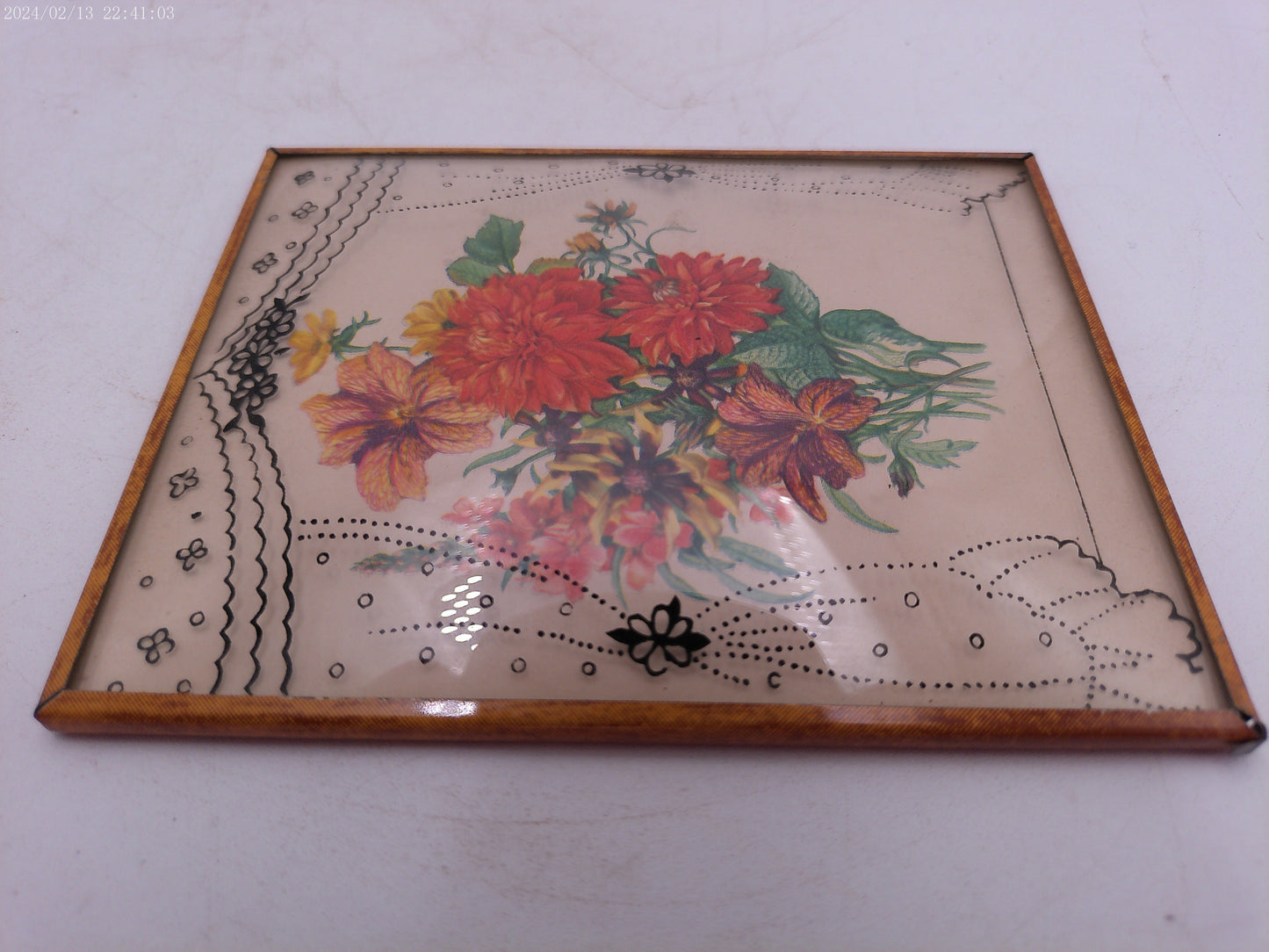 Glass Convex Silhouette Framed Picture Flowers in Window B43