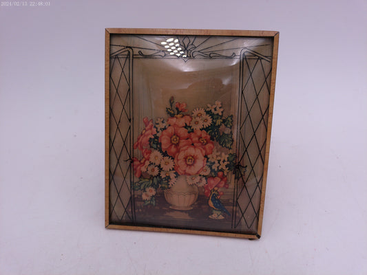 Glass Convex Silhouette Framed Picture  Flowers Behind metal Fence  B47