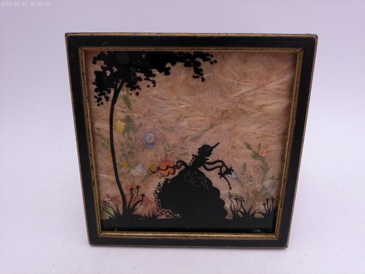 Glass Convex Silhouette Framed Picture  Young Girl Watering Plants  B411