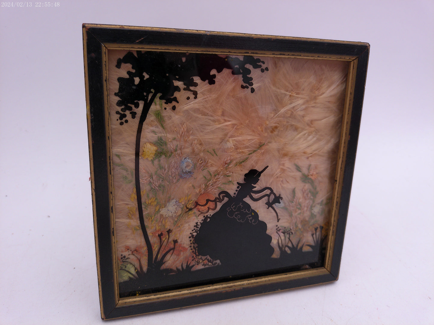 Glass Convex Silhouette Framed Picture  Young Girl Watering Plants  B411