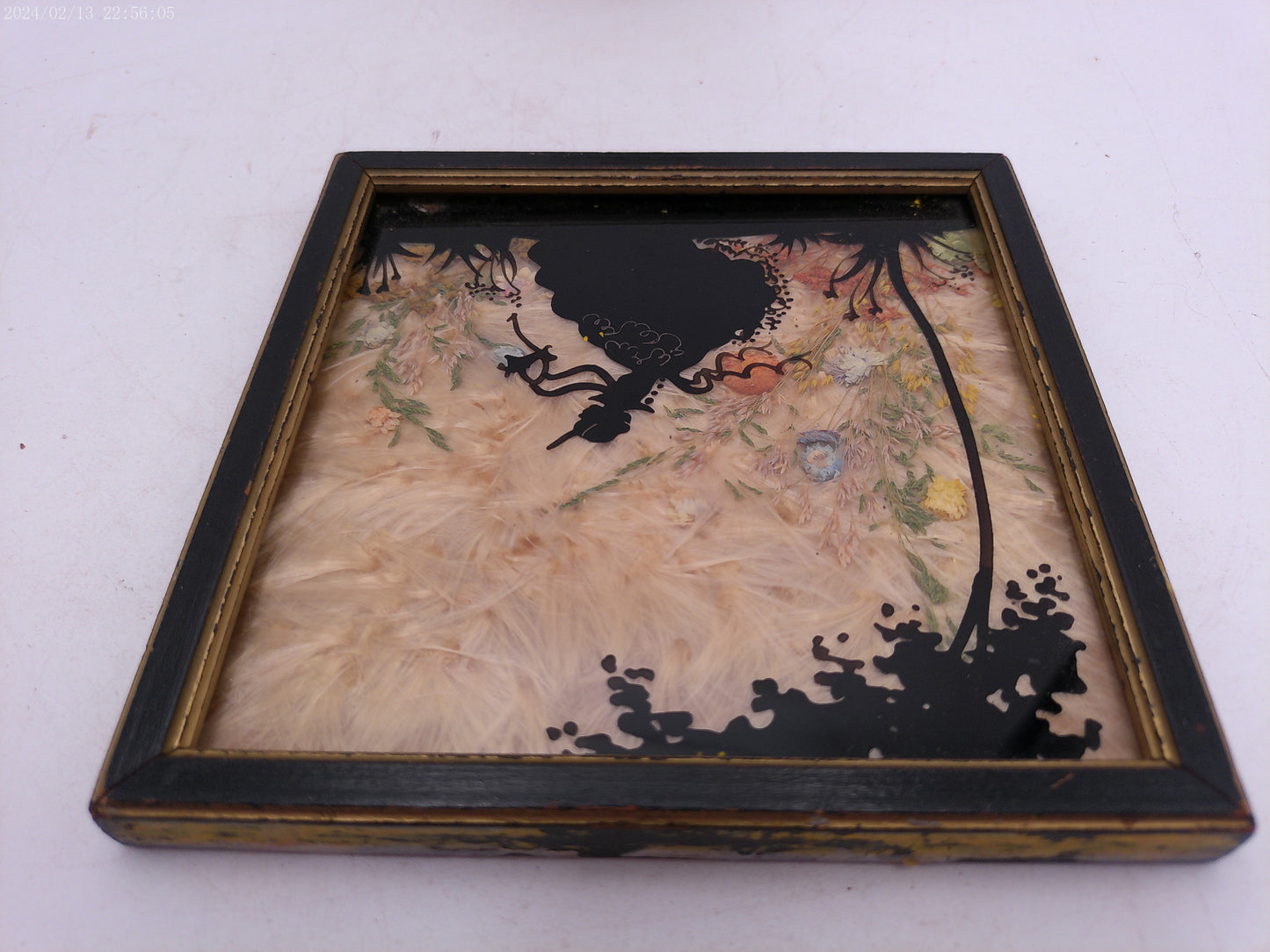 Glass Convex Silhouette Framed Picture  Young Girl Watering Plants  B411