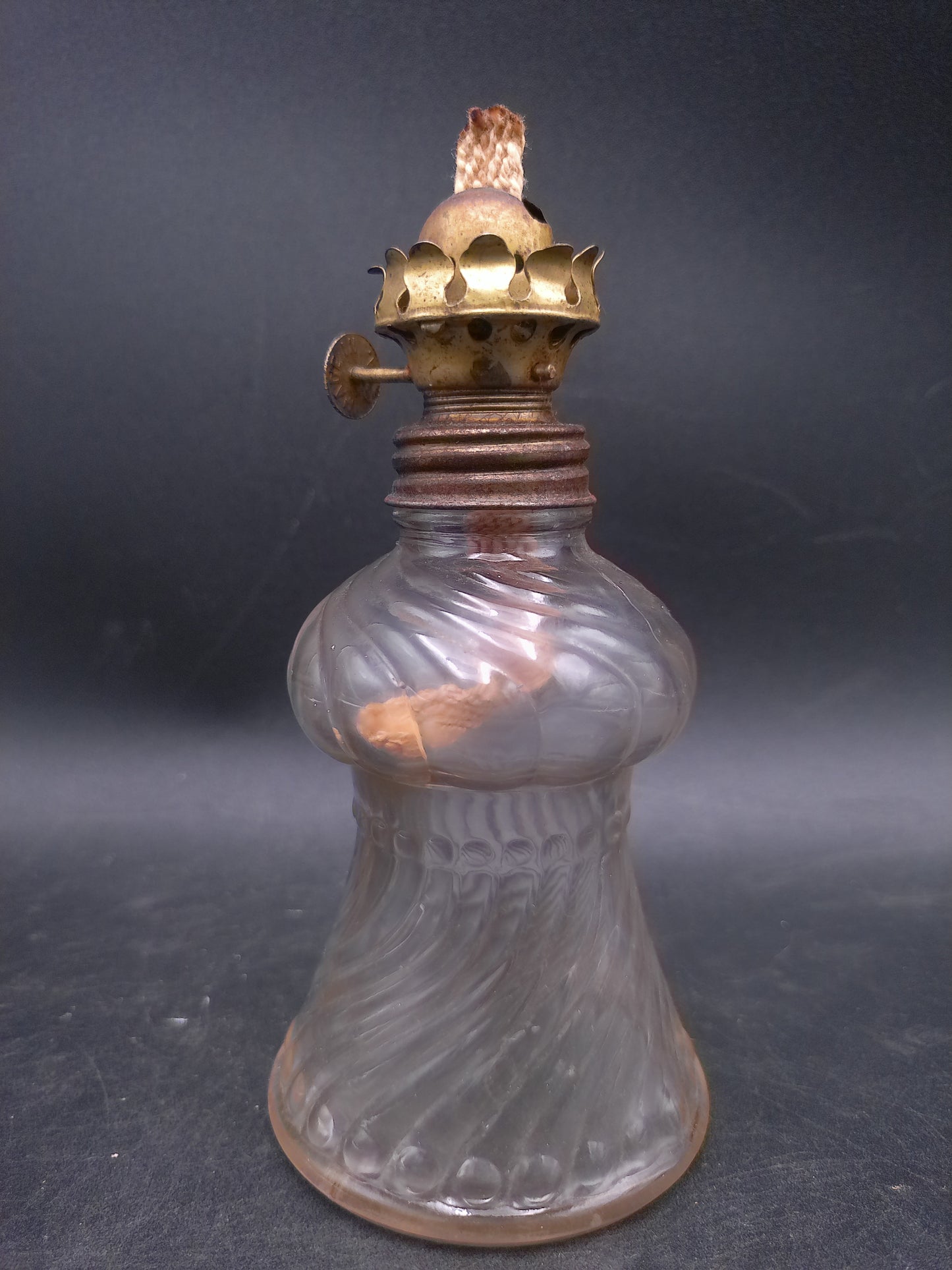 Glass Swirl Oil Lamp Base with Wick and Brass Fitting