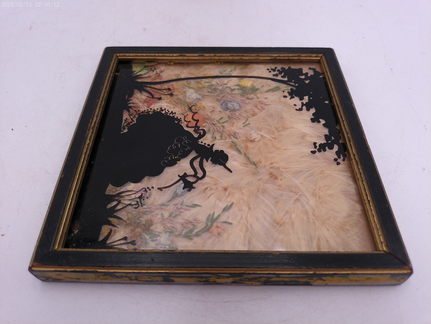 Glass Convex Silhouette Framed Picture  Young Girl Watering Plants  B411