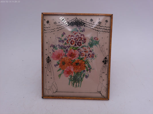 Glass Convex Silhouette Framed Picture Flowers in Window Frame  B413