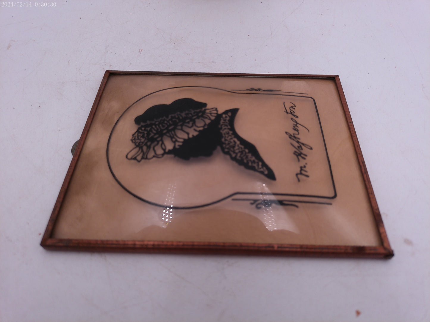 Glass Convex Silhouette Framed Picture Lady in Hat B414