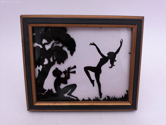 Glass Convex Silhouette Framed Picture Couple Playing Flute and dancing   B51
