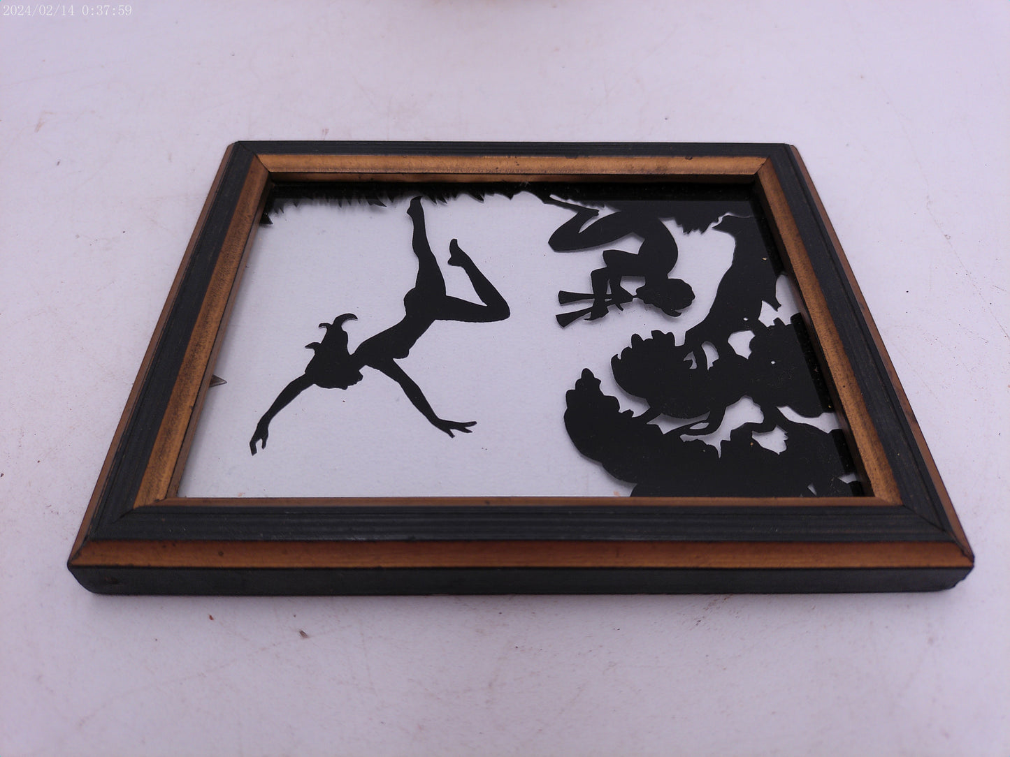Glass Convex Silhouette Framed Picture Couple Playing Flute and dancing B51