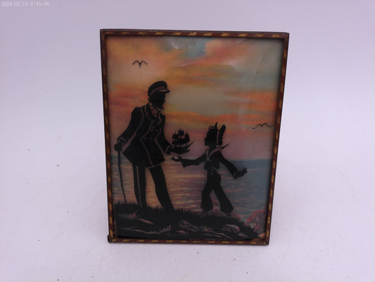 Glass Convex Silhouette Framed Picture Father and son with Toy Ship  B53