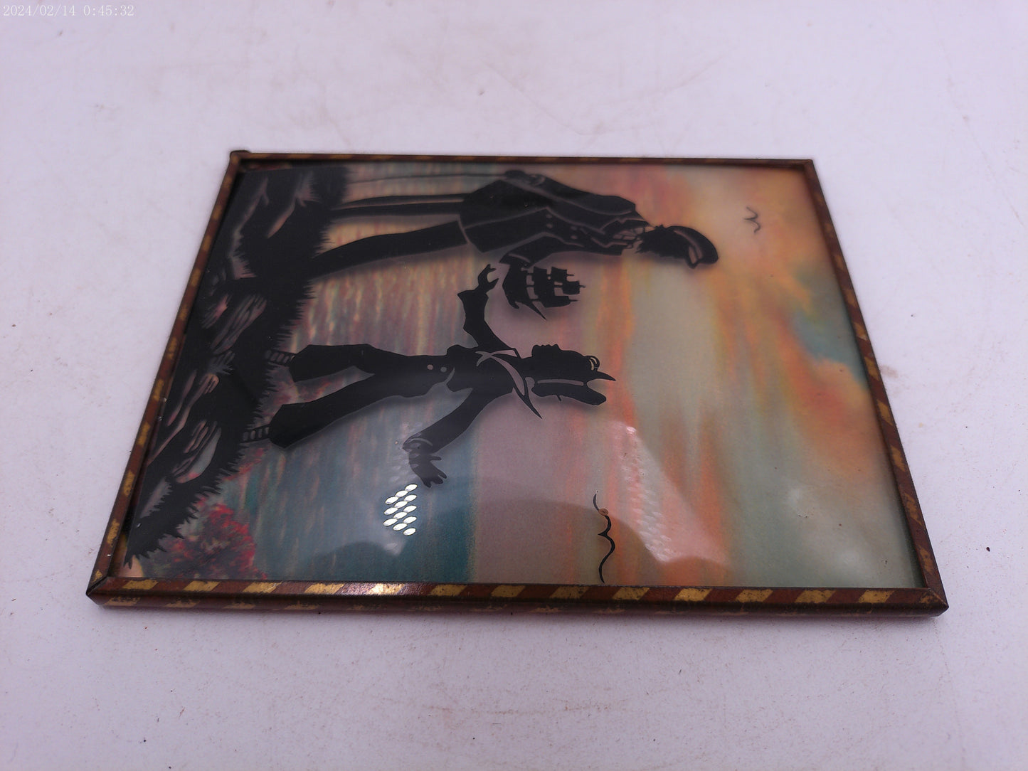 Glass Convex Silhouette Framed Picture Father and son with Toy Ship B53