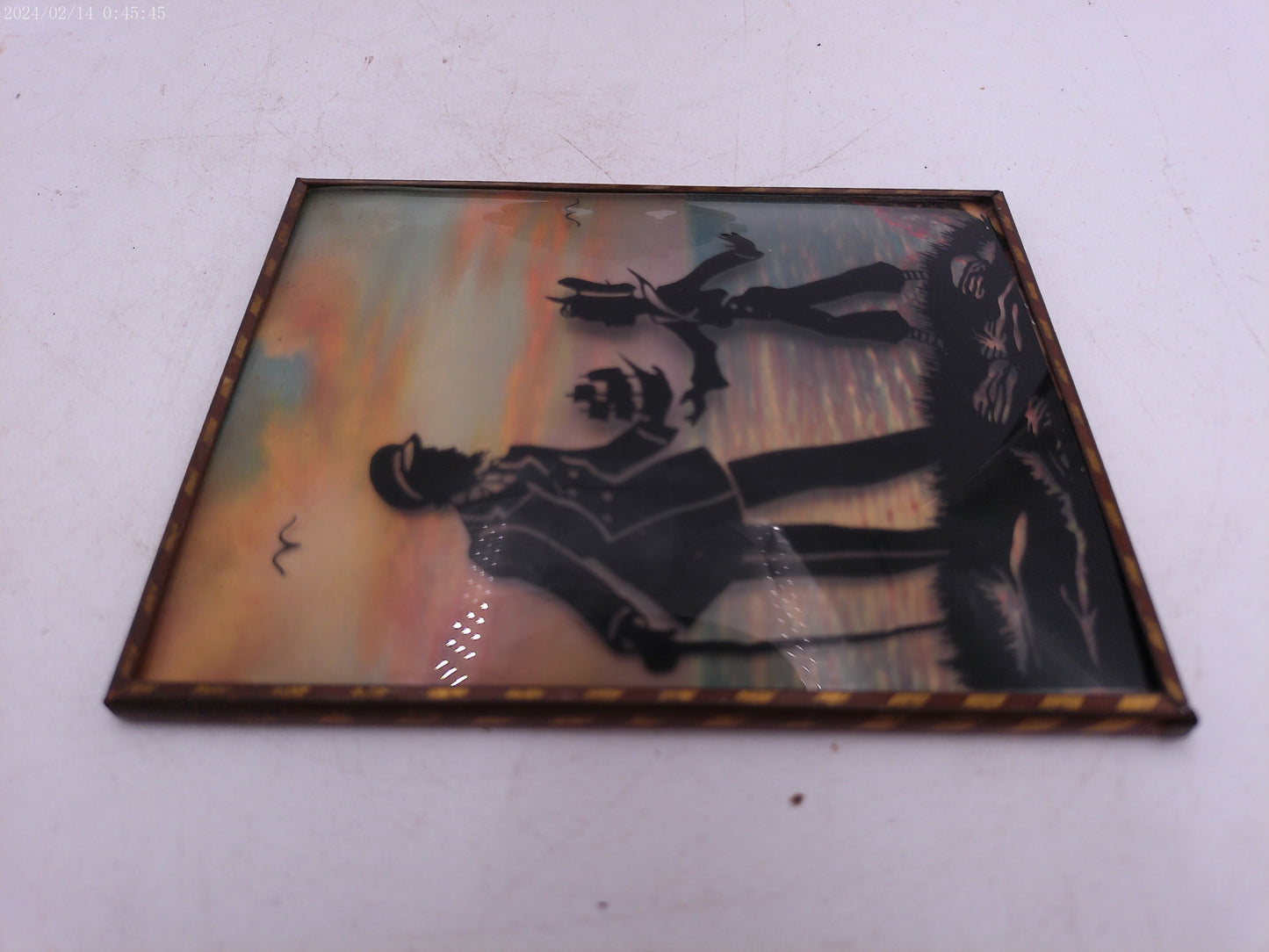 Glass Convex Silhouette Framed Picture Father and son with Toy Ship B53