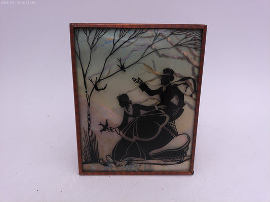 Glass Convex Silhouette Framed Picture Couple Outside Feeding Birds   B55