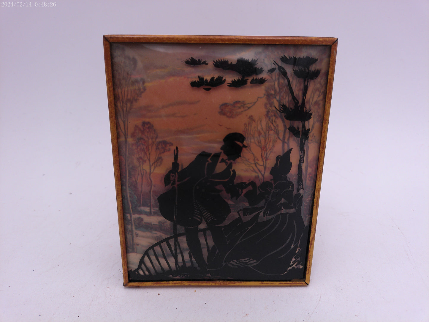 Glass Convex Silhouette Framed Picture Couple Relaxing Outside B56