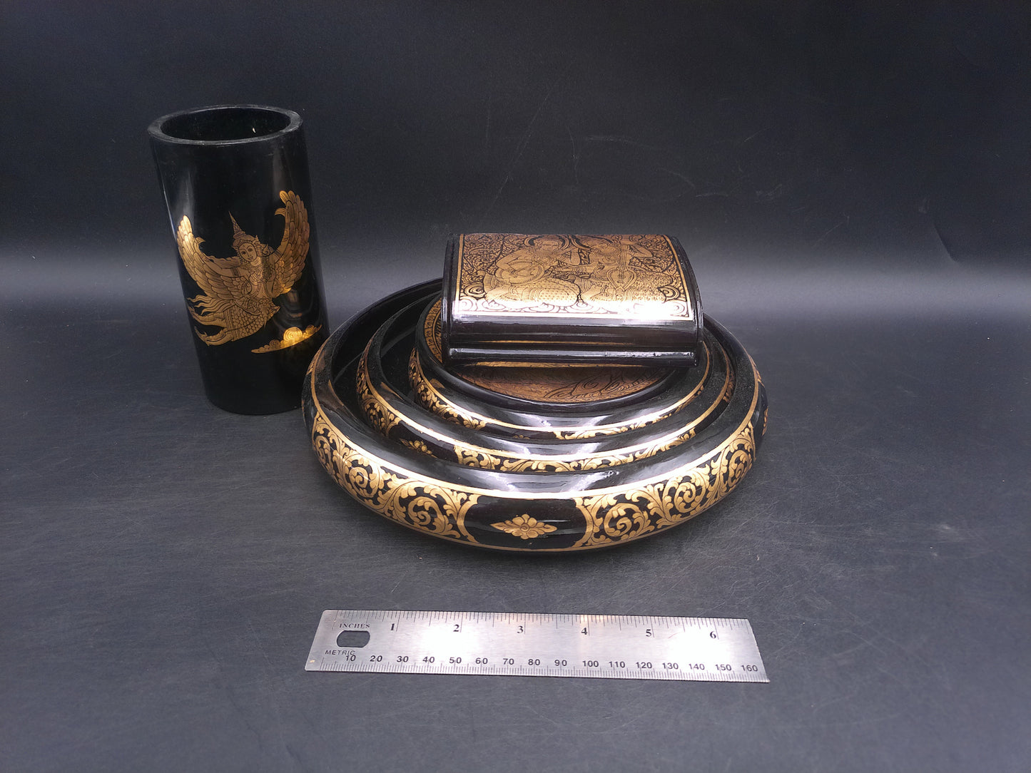 Asian Foo Dog Black Lacquered Bowls set of 3 plus cup and decorativeThai Jewelry Box