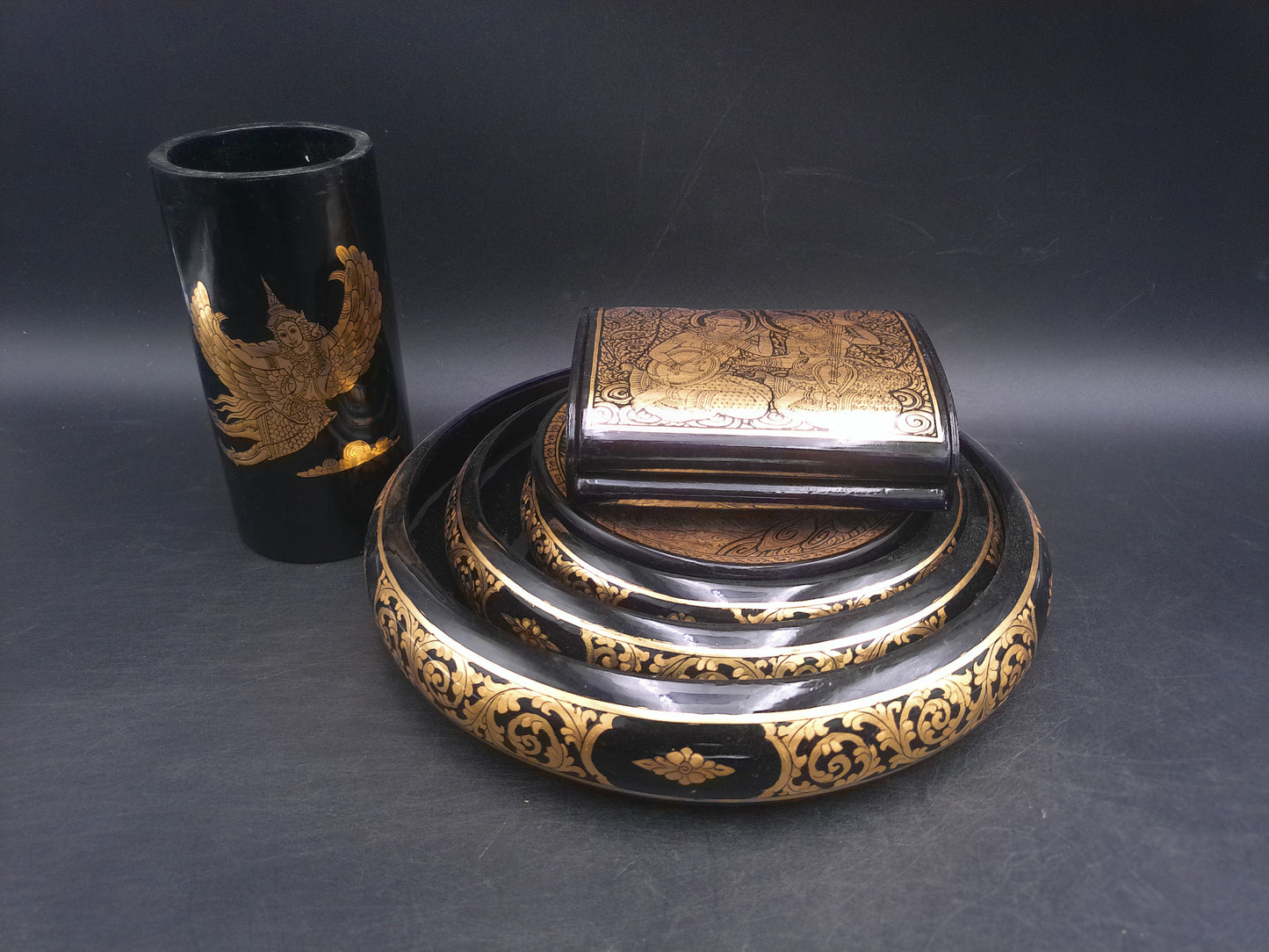 Asian Foo Dog Black Lacquered Bowls set of 3 plus cup and decorativeThai Jewelry Box