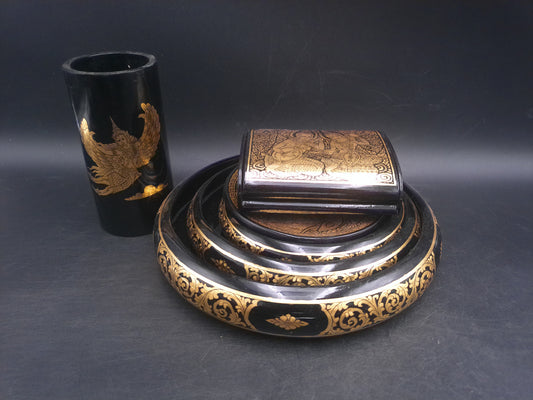 Asian Foo Dog Black Lacquered Bowls  set of 3 plus cup and decorativeThai Jewelry Box