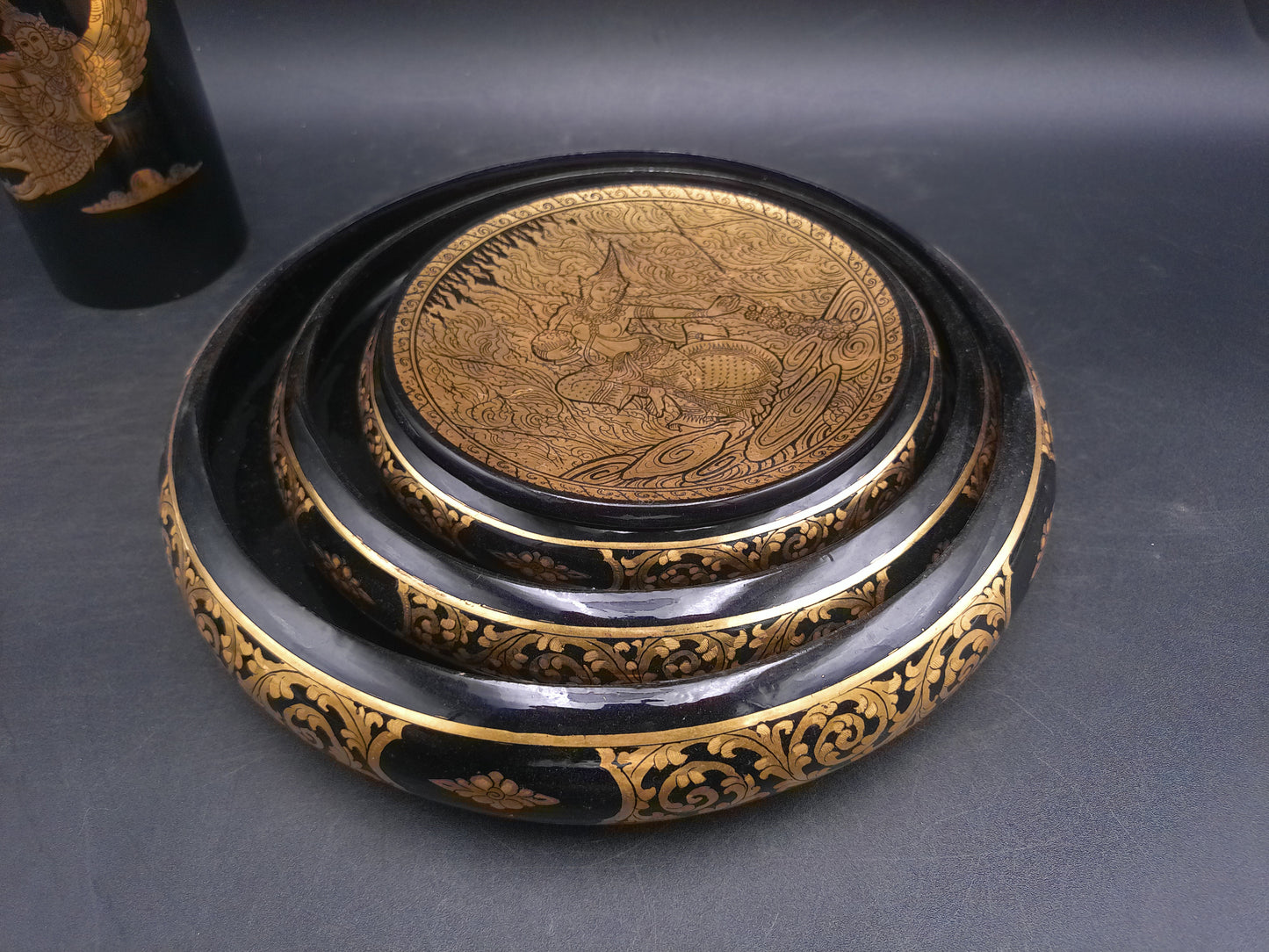Asian Foo Dog Black Lacquered Bowls set of 3 plus cup and decorativeThai Jewelry Box