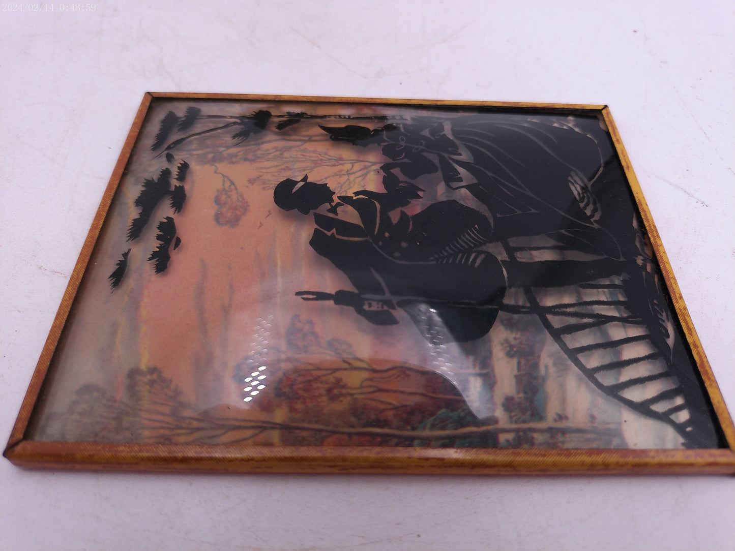 Glass Convex Silhouette Framed Picture Couple Relaxing Outside B56