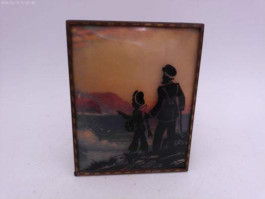Glass Convex Silhouette Framed Picture Father and Son Viewing Ocean   B57