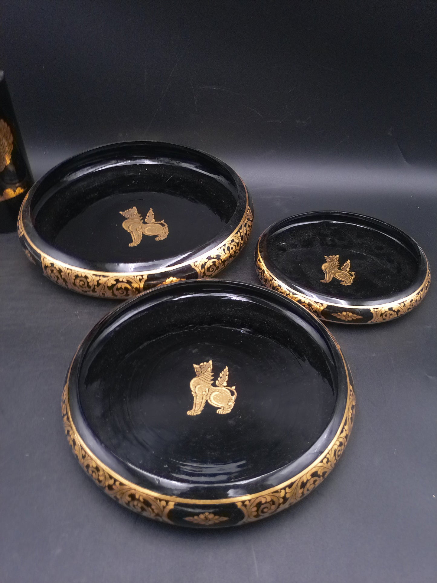 Asian Foo Dog Black Lacquered Bowls set of 3 plus cup and decorativeThai Jewelry Box