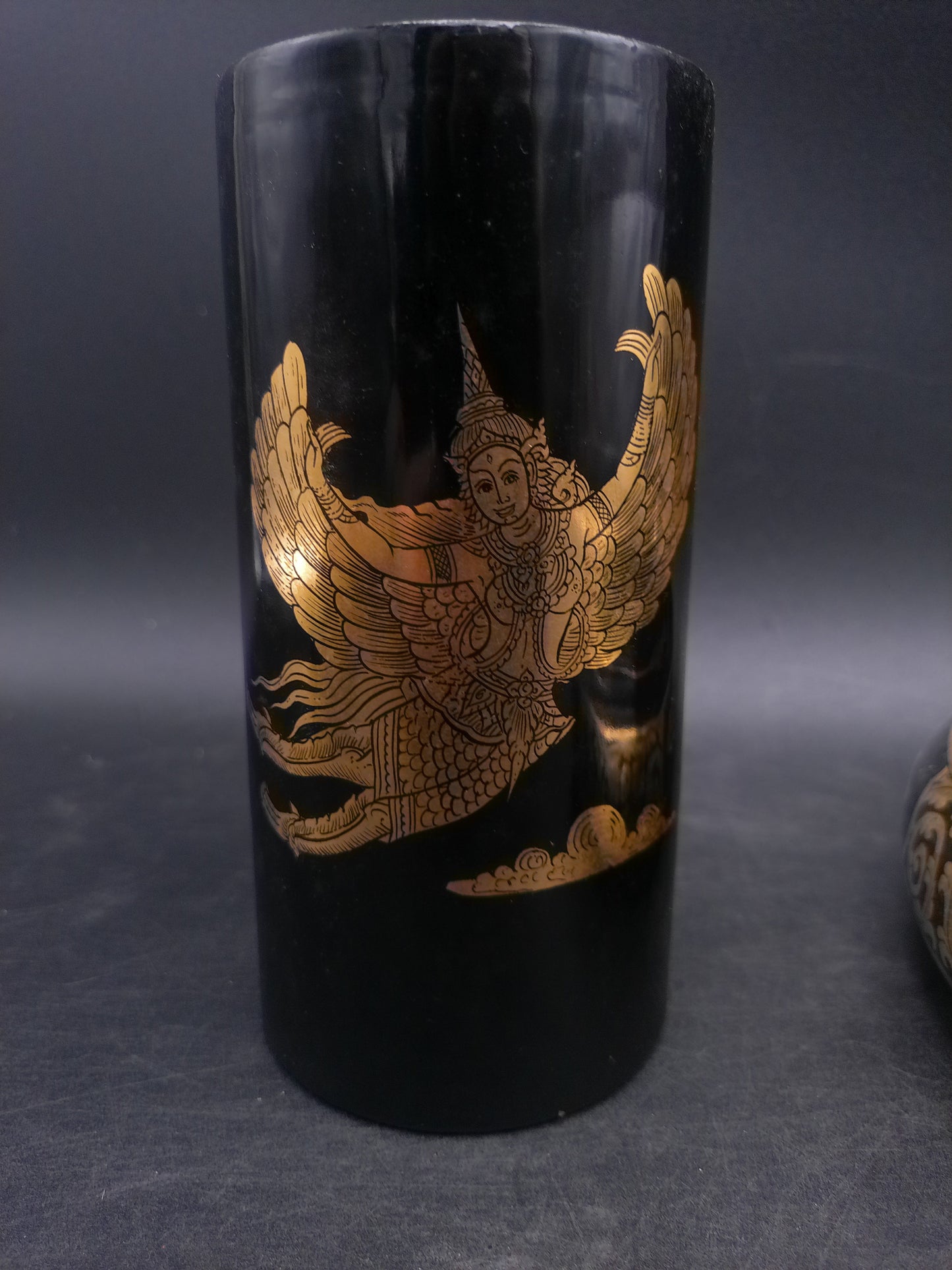 Asian Foo Dog Black Lacquered Bowls set of 3 plus cup and decorativeThai Jewelry Box