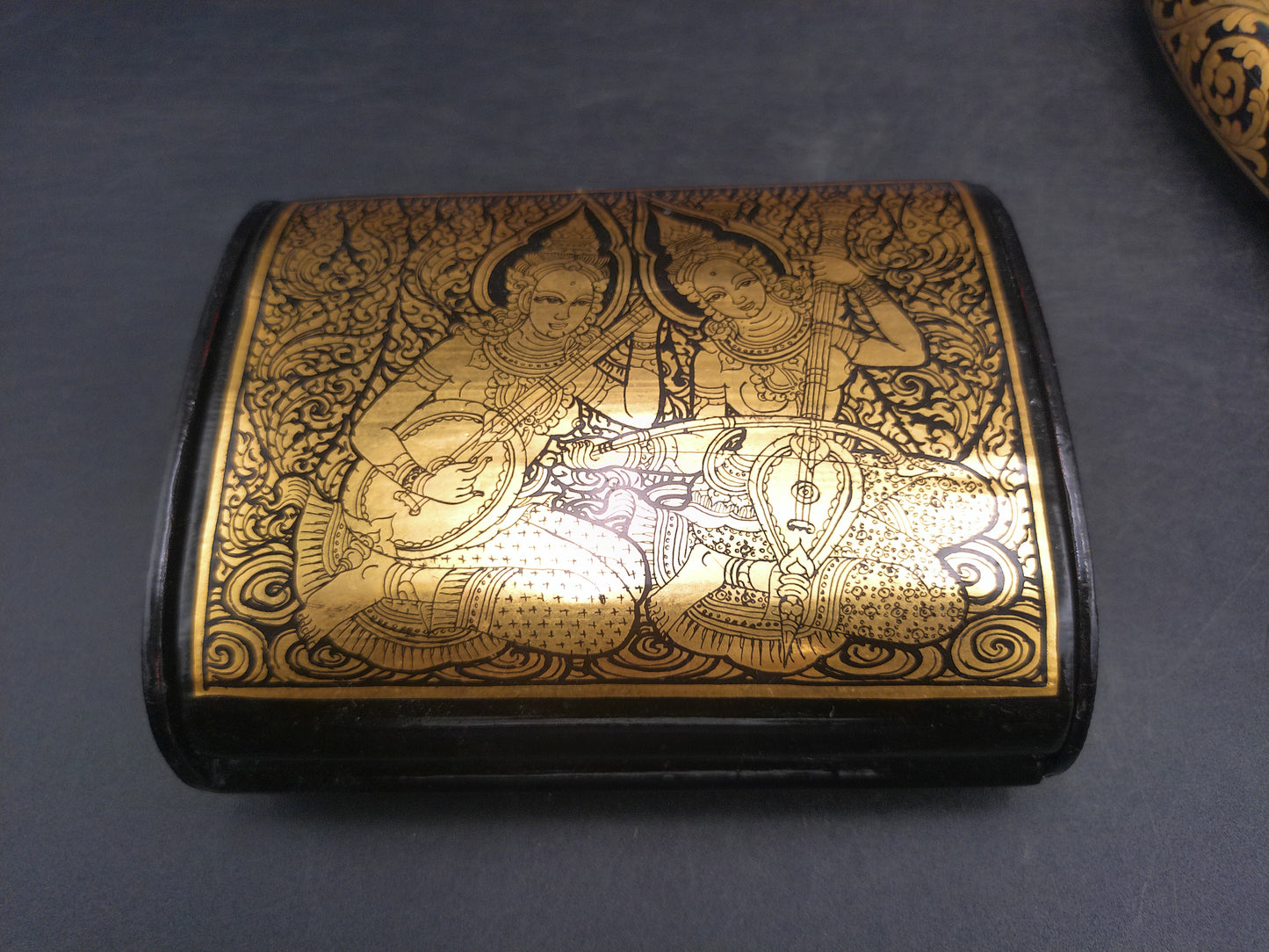 Asian Foo Dog Black Lacquered Bowls set of 3 plus cup and decorativeThai Jewelry Box