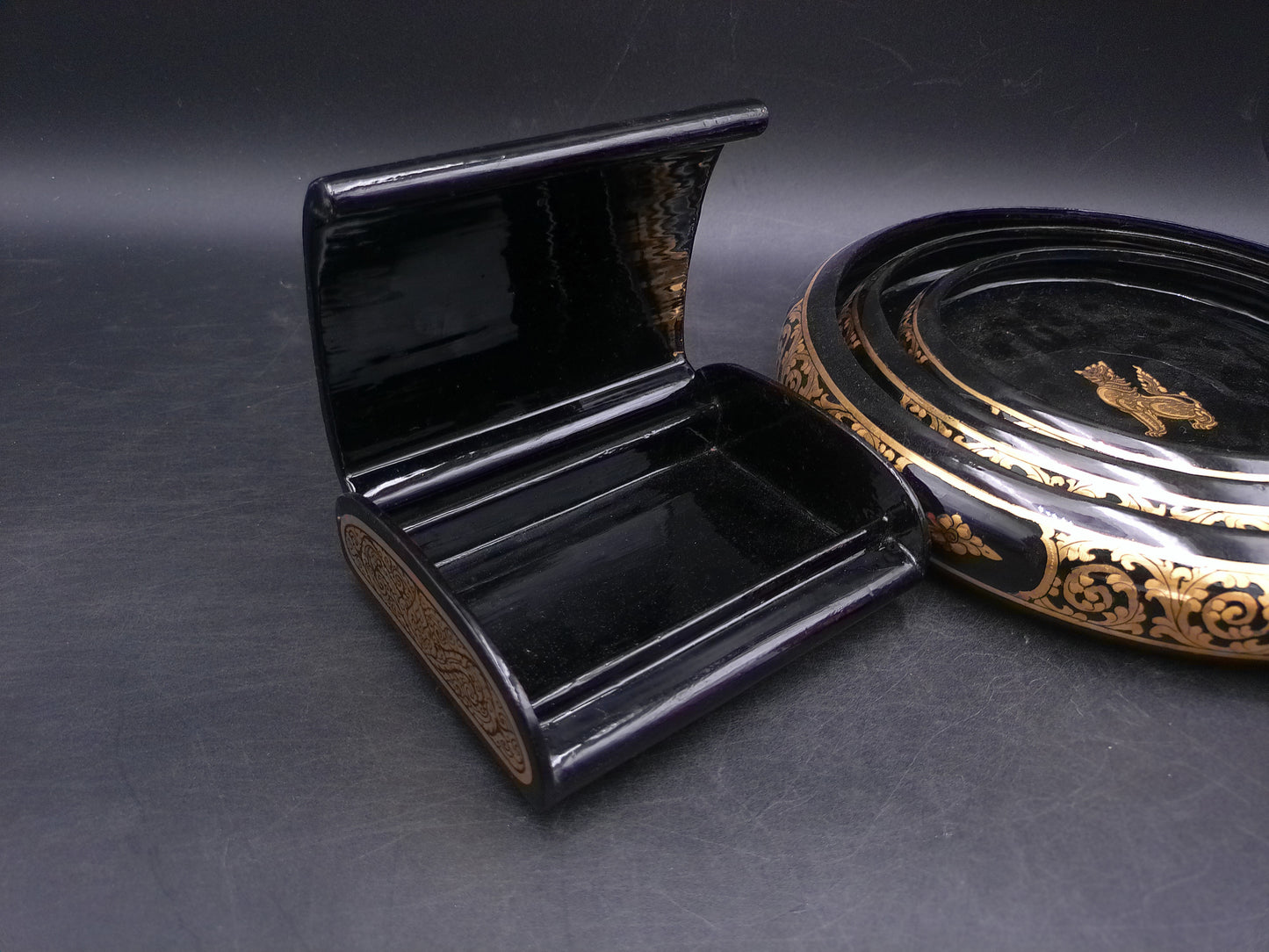 Asian Foo Dog Black Lacquered Bowls set of 3 plus cup and decorativeThai Jewelry Box