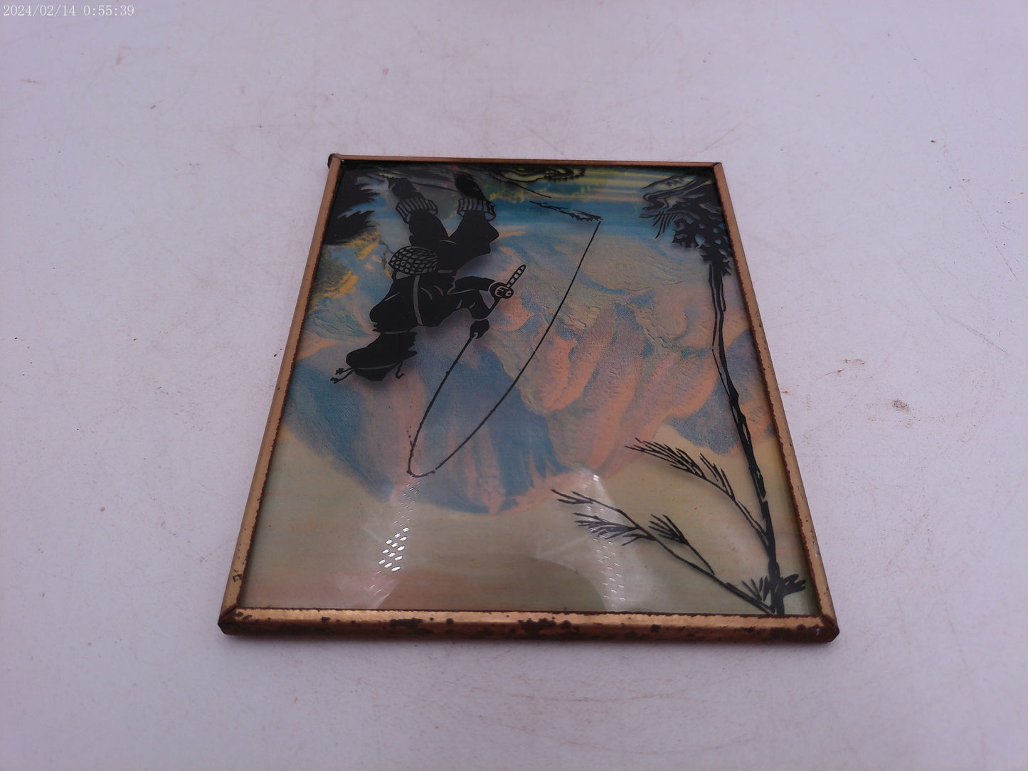 Glass Convex Silhouette Framed Picture Man Fishing B511