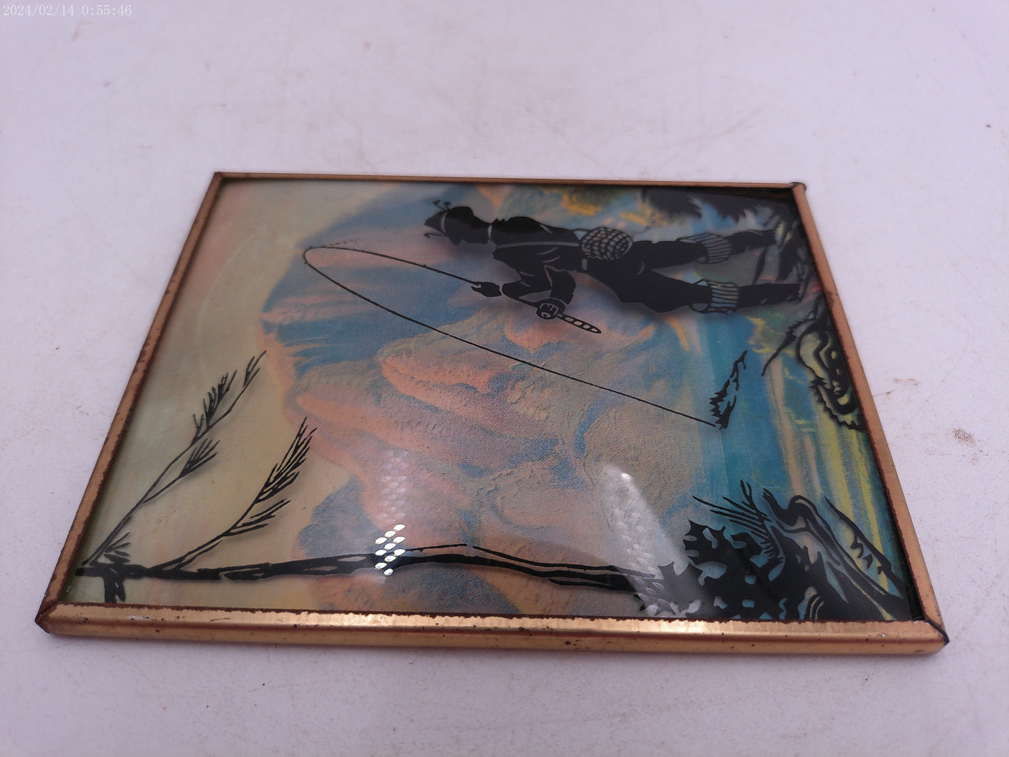 Glass Convex Silhouette Framed Picture Man Fishing B511