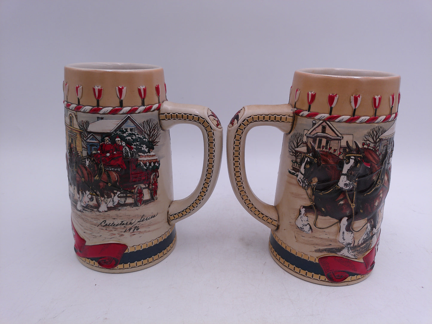 Beer Stein 1986 Budweiser Winter Christmas CLYDESDALE Horses Scene Ceramic Mug lot of 2