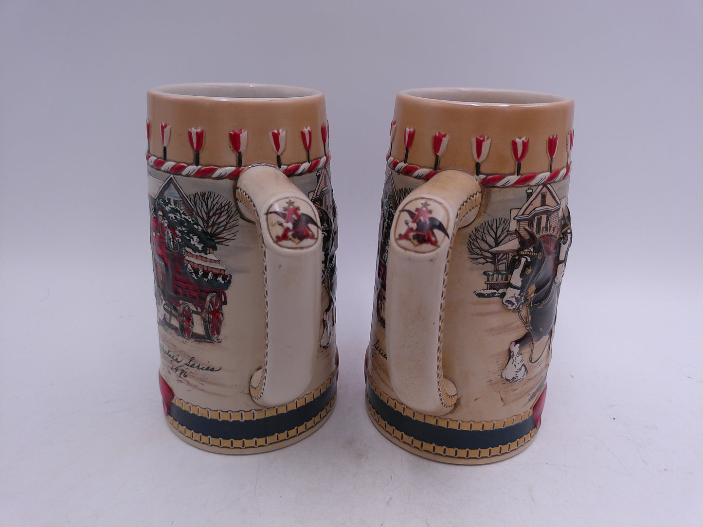 Beer Stein 1986 Budweiser Winter Christmas CLYDESDALE Horses Scene Ceramic Mug lot of 2