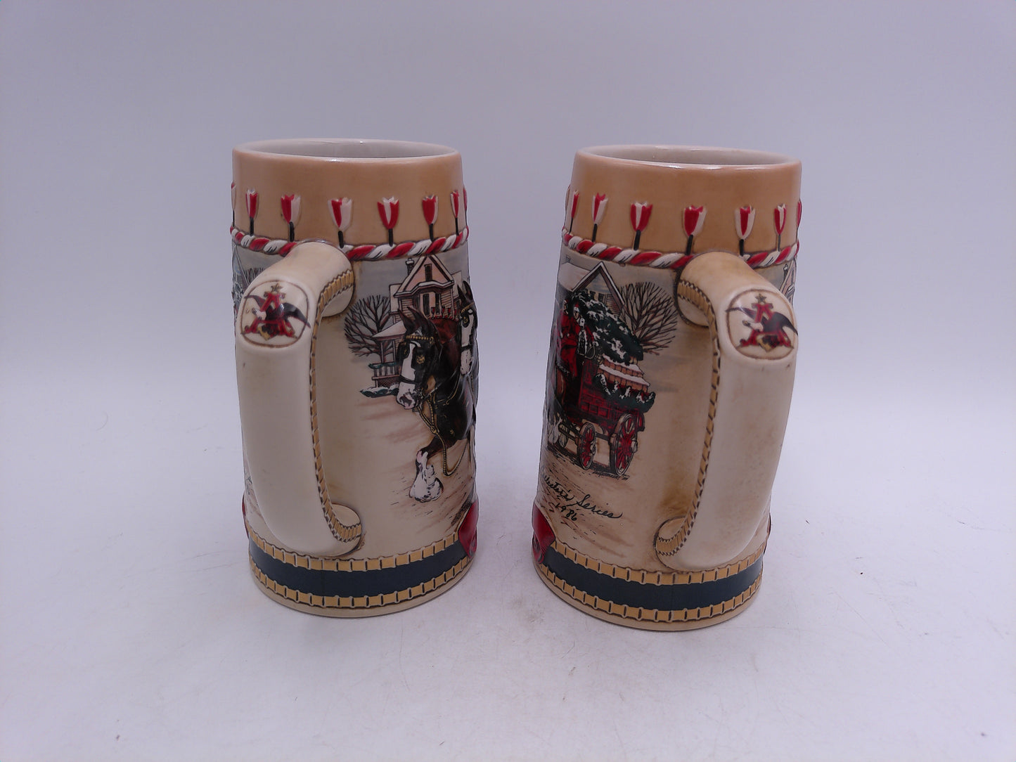 Beer Stein 1986 Budweiser Winter Christmas CLYDESDALE Horses Scene Ceramic Mug lot of 2