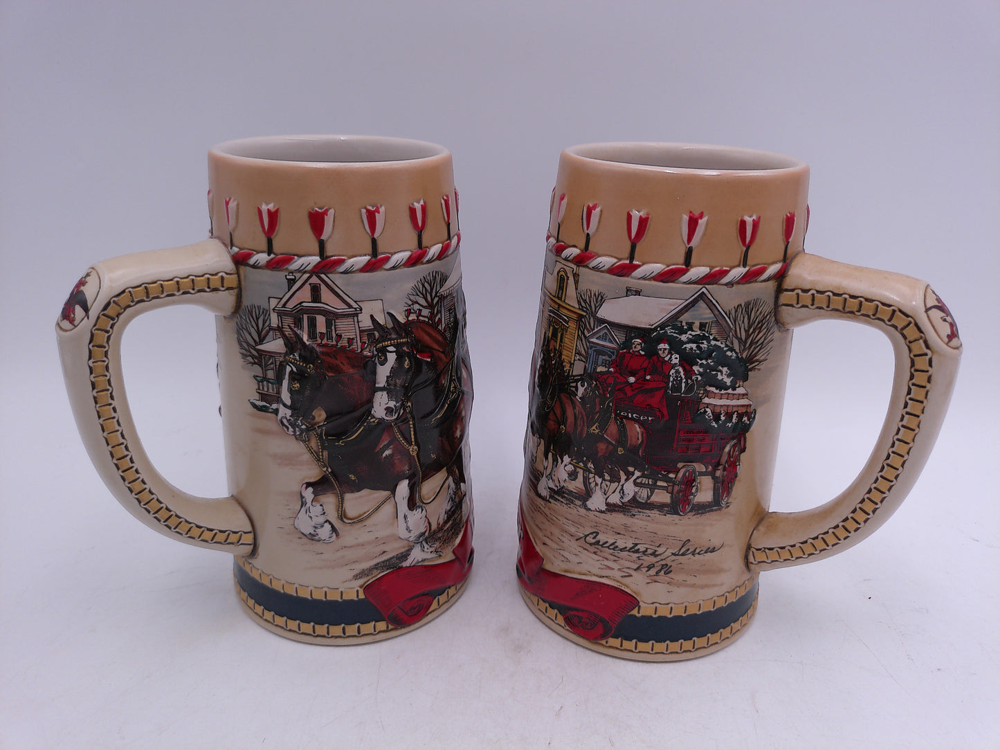 Beer Stein 1986 Budweiser Winter Christmas CLYDESDALE Horses Scene Ceramic Mug lot of 2