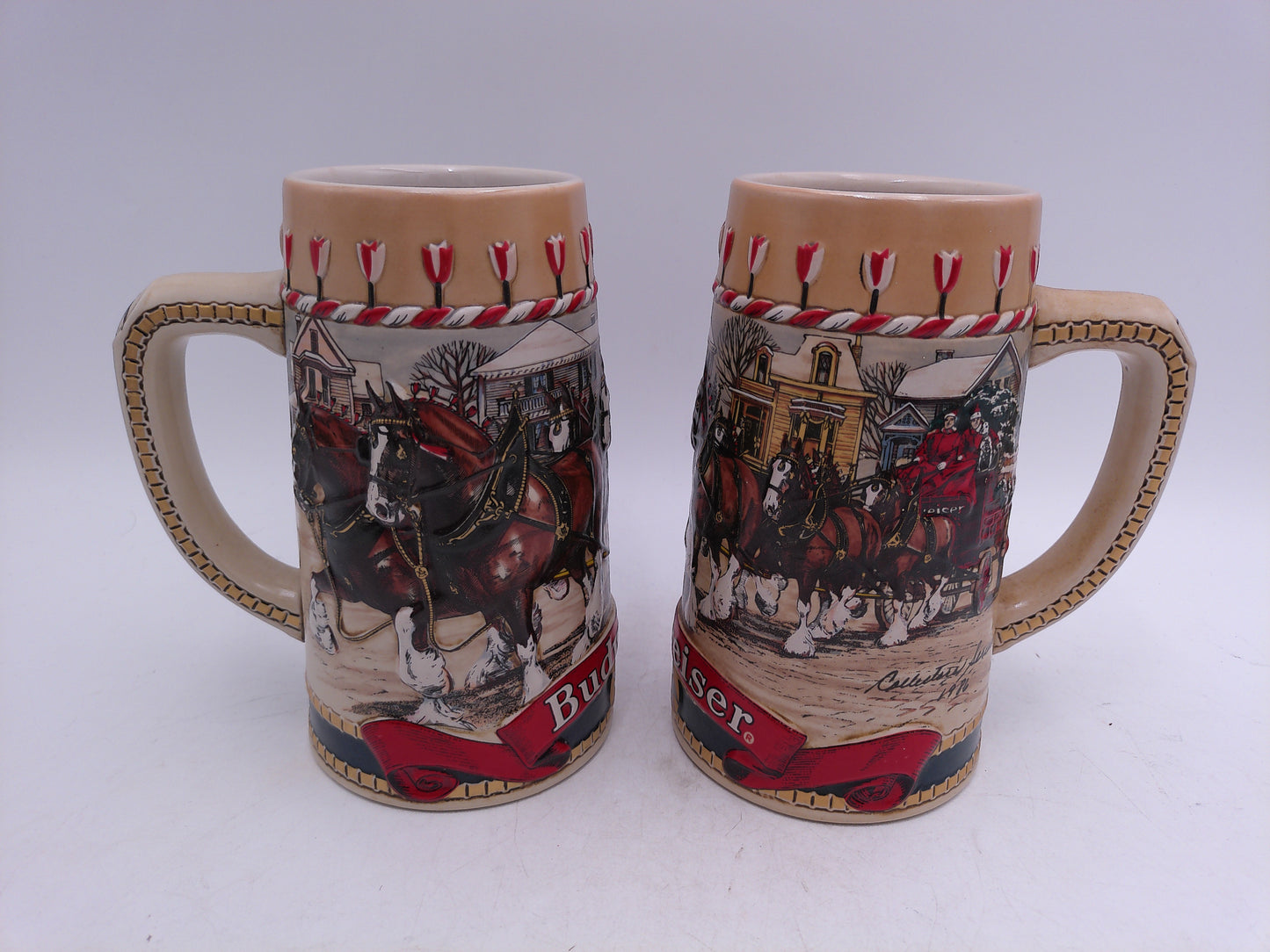 Beer Stein 1986 Budweiser Winter Christmas CLYDESDALE Horses Scene Ceramic Mug lot of 2