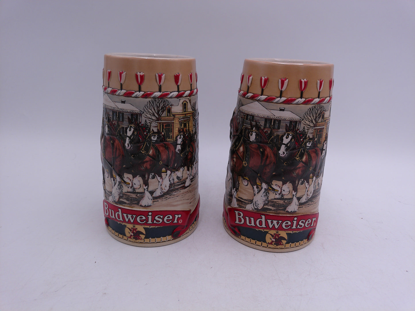 Beer Stein 1986 Budweiser Winter Christmas CLYDESDALE Horses Scene Ceramic Mug lot of 2