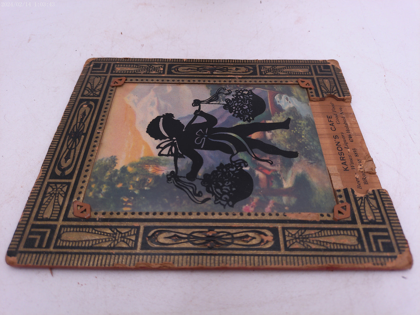 Glass Convex Silhouette Framed Picture Child Carrying Baskets B517