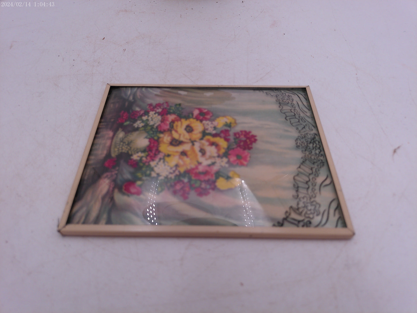 Glass Convex Silhouette Framed Picture Beautiful  Basket of Flowers B518