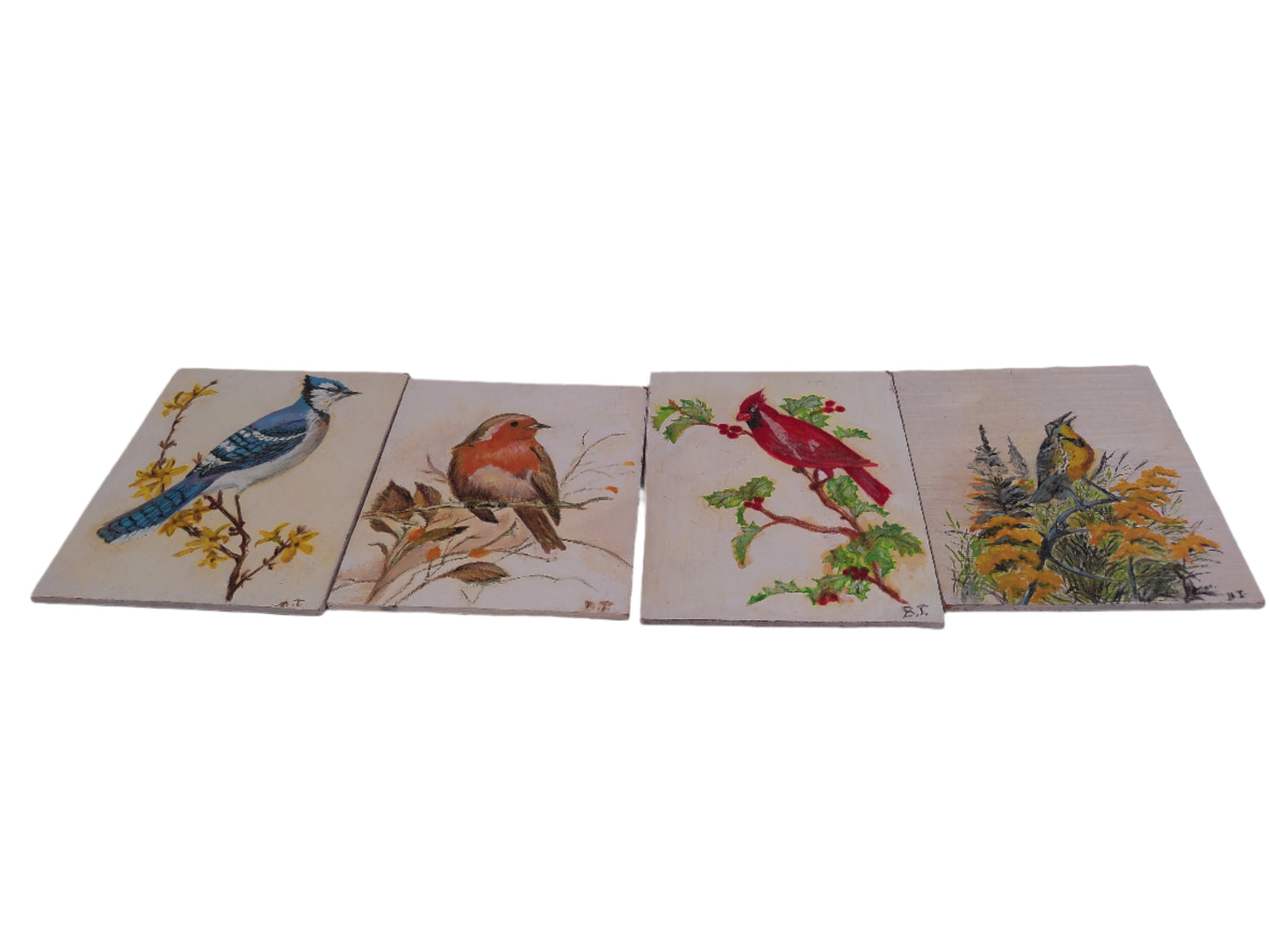 4 Colorful  Painted Tiles of Birds
