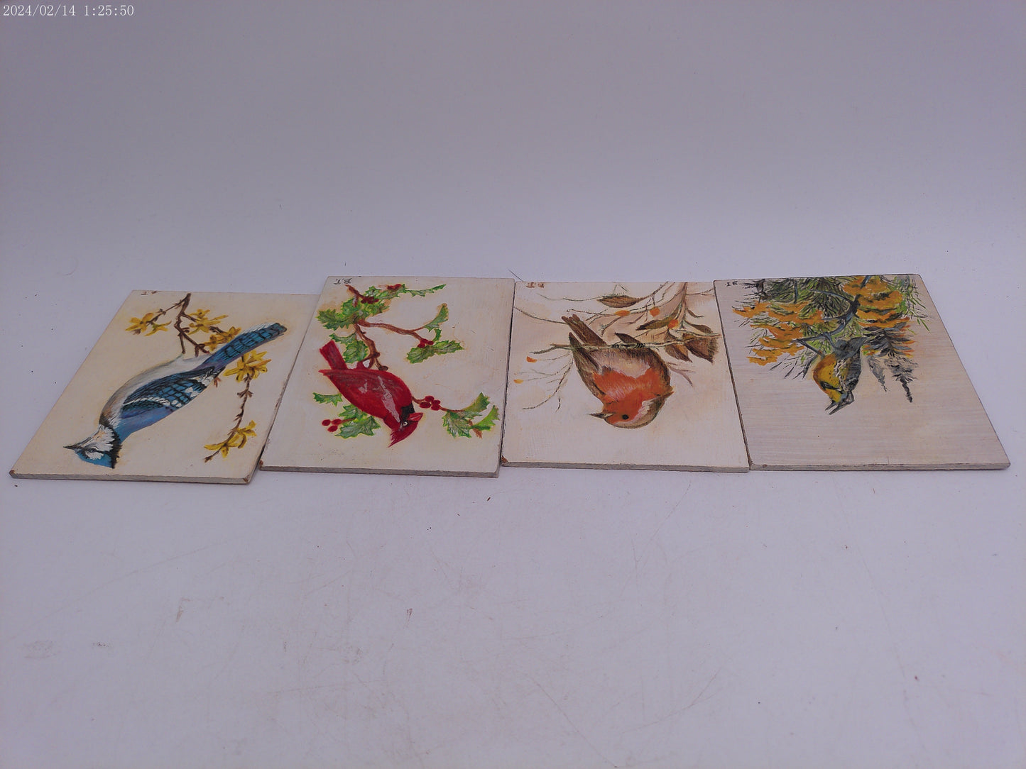 4 Colorful  Painted Tiles of Birds