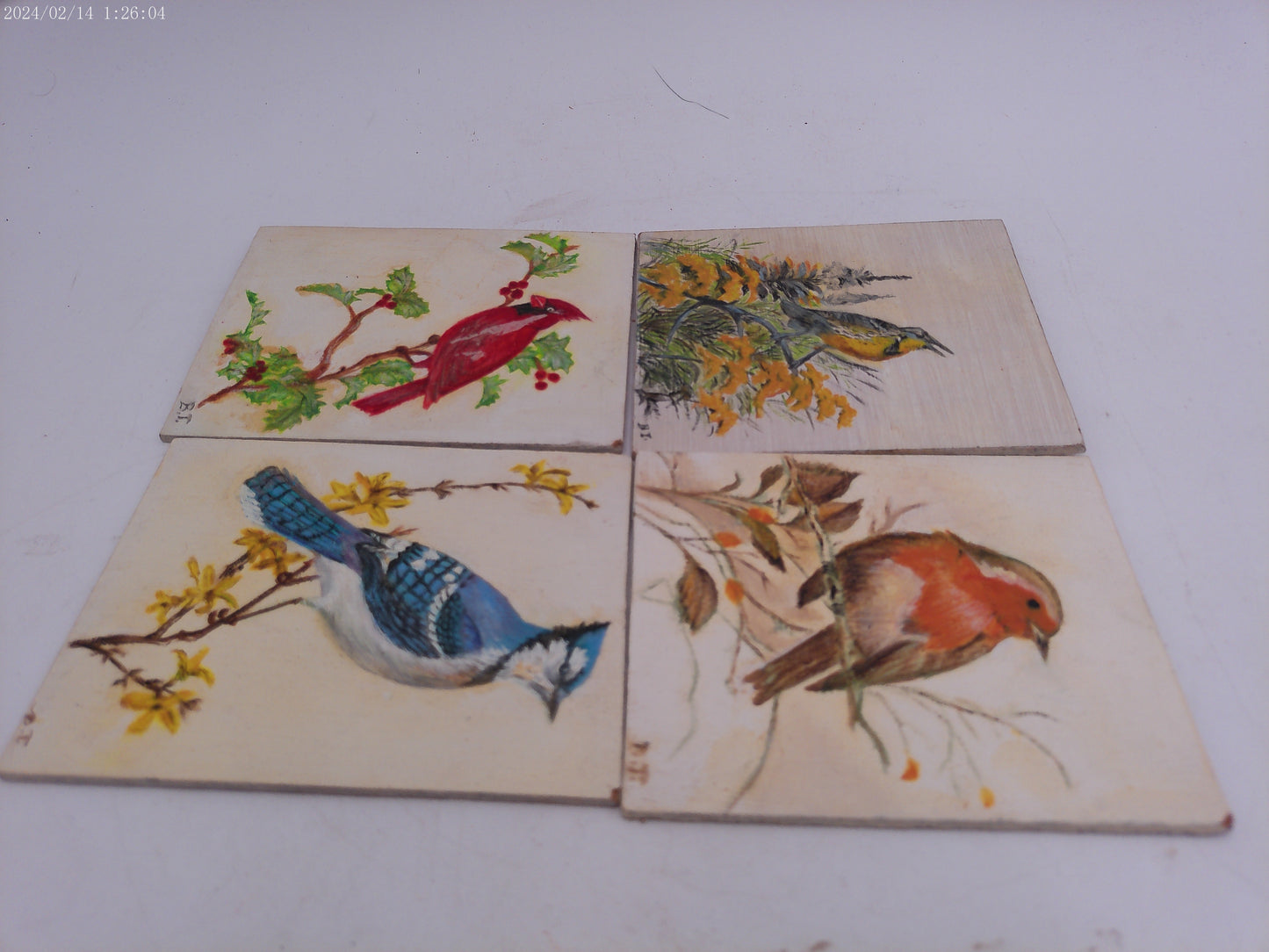 4 Colorful  Painted Tiles of Birds