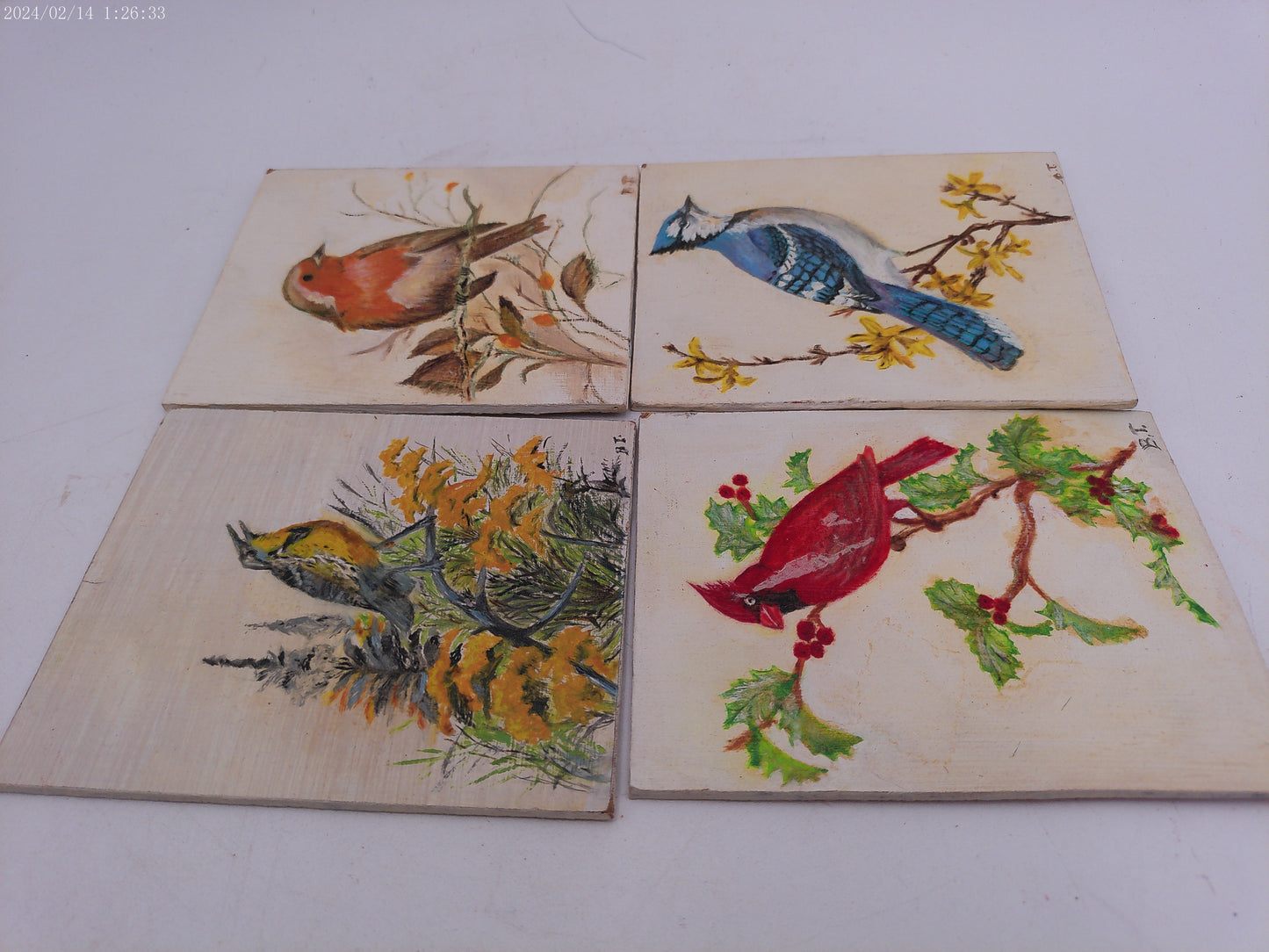 4 Colorful  Painted Tiles of Birds