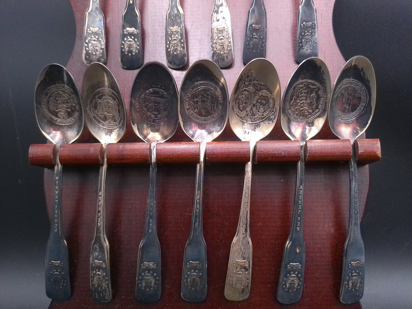 Vintage 1776-1976 Bicentennial Original 13 Colonies Spoons wooden Display Rack