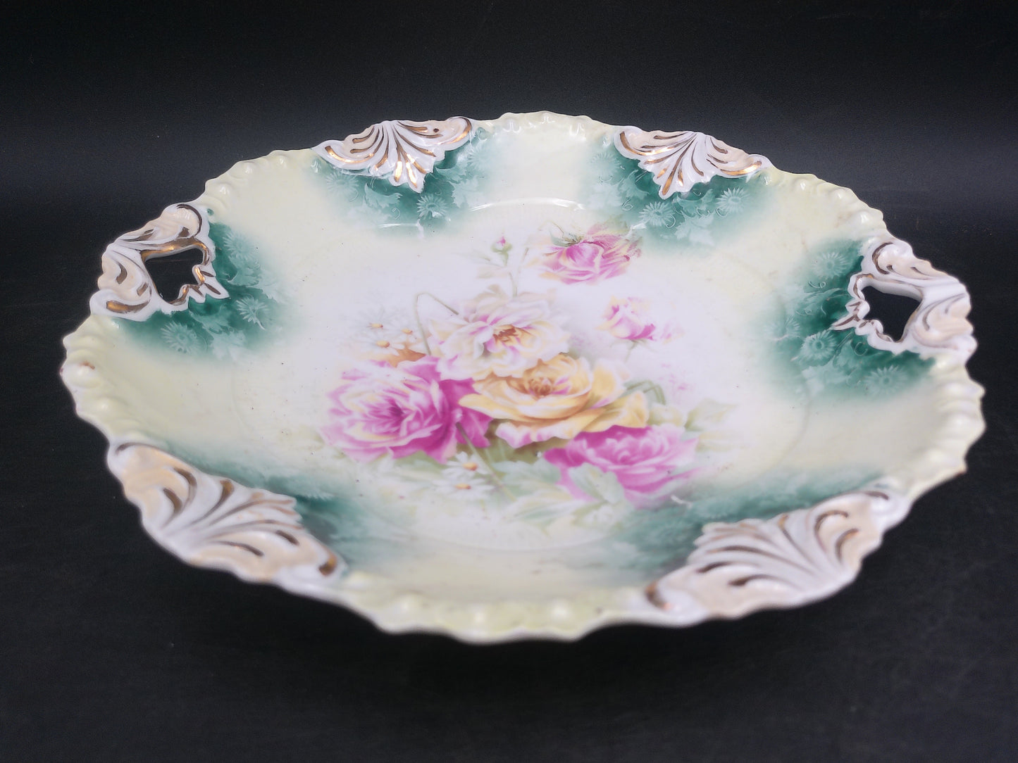 Reinhold Schlegelmilch German Porcelain Pink Rose Handled Dish Antique