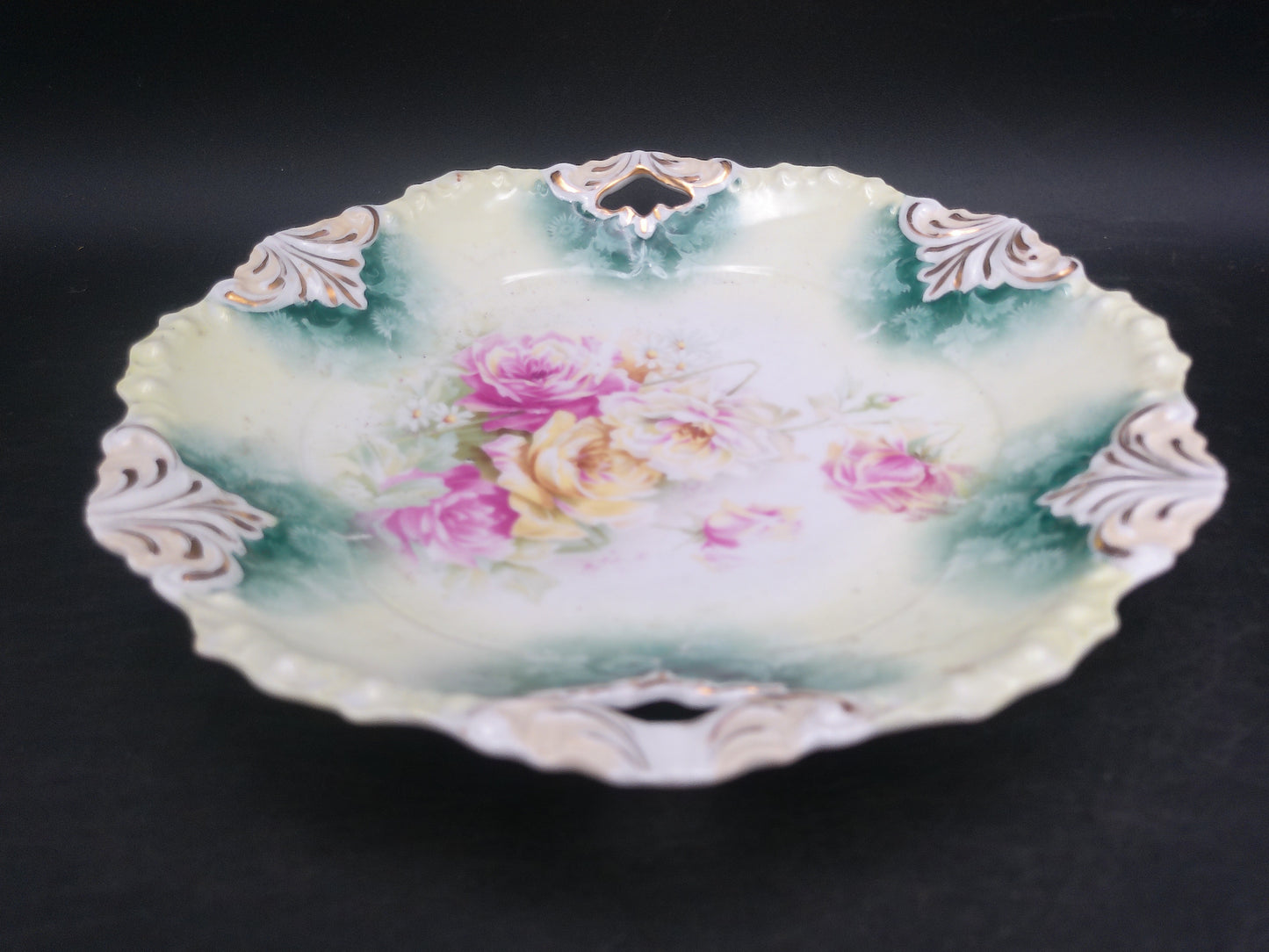 Reinhold Schlegelmilch German Porcelain Pink Rose Handled Dish Antique