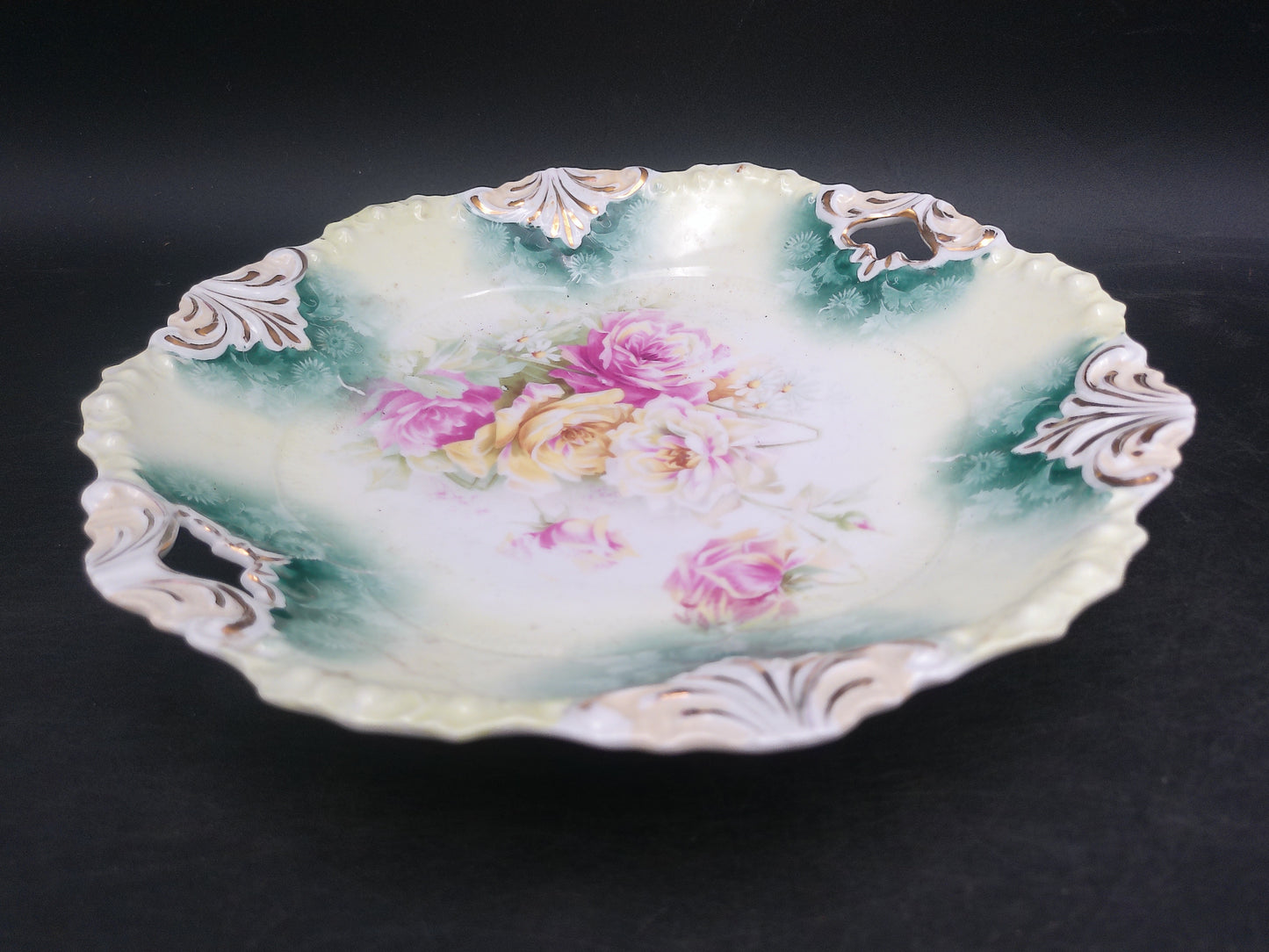 Reinhold Schlegelmilch German Porcelain Pink Rose Handled Dish Antique